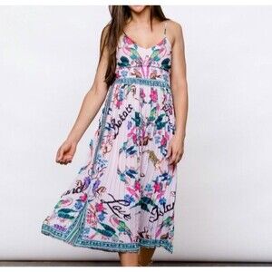 H&M Pink Pleated Jungle Print Midi Dress 6 Strappy Lace Up Back Tropical Exotic